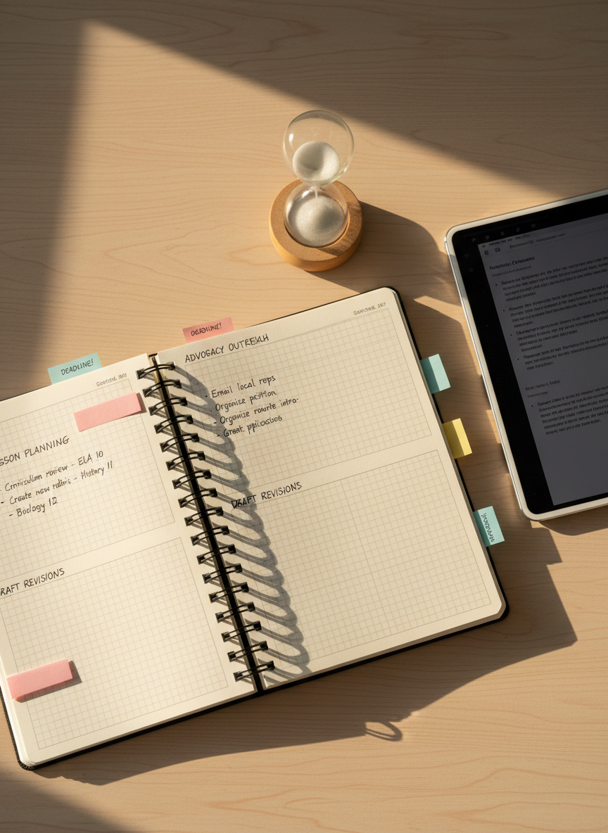 A spiral-bound planner lies open on a pale oak table, its weekly spread filled with tidy handwritten notes labeled “lesson planning,” “draft revisions,” and “advocacy outreach.” Colorful sticky notes peek from the pages, and a slim tablet displaying a digital manuscript draft rests nearby. A small, frosted-glass hourglass with fine sand mid-fall adds a quiet sense of urgency. Warm late-morning sunlight creates gentle highlights on the paper and a soft shadow from the hourglass. Shot from a top-down, bird’s-eye view with sharp focus across the frame, the image feels organized, purposeful, and professional, embodying the structured life of an educator and writer in clear photographic detail.