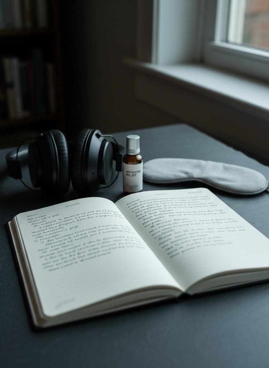 A dark slate tabletop holds an open journal where a half-finished essay about chronic pain is written in neat, measured lines. A pair of noise-cancelling headphones lies folded beside it, their matte black finish contrasting with a small amber glass bottle of migraine relief rollers and a neatly folded soft gray eye mask. Cool, diffused window light falls from the right, emphasizing textures without harsh glare and casting gentle, elongated shadows. Captured at a low, intimate angle with a shallow depth of field, the foreground text is in crisp focus while the background fades into a soft blur, creating a quiet, contemplative, and empathetic mood in realistic photographic style.