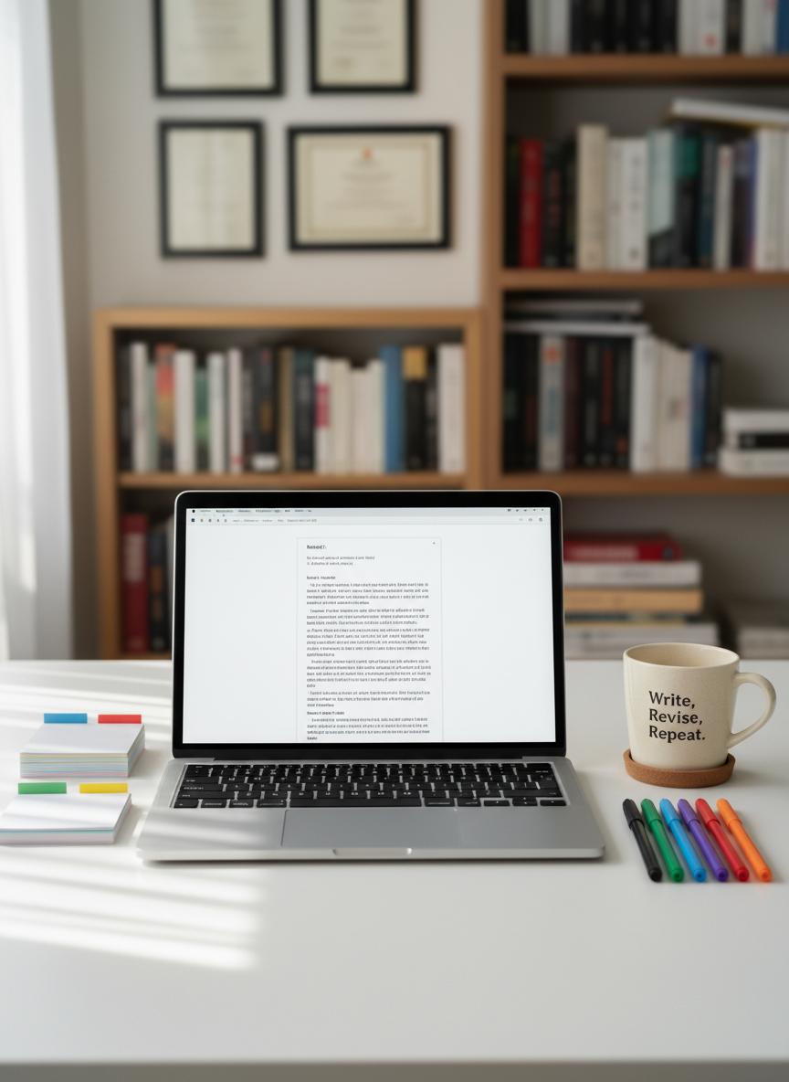 A sleek laptop with an uncluttered document draft on the screen sits centered on a matte white desk, flanked by a stack of color-coded index cards and a neatly organized row of gel pens. A ceramic mug labeled “Write, Revise, Repeat” in minimalist typography rests on a cork coaster nearby. Diffused natural daylight streams from the left, reflecting softly off the laptop keys and creating a bright yet gentle ambiance. Captured from a slightly elevated angle with a balanced composition, the background dissolves into a soft bokeh of bookshelves and framed certificates, conveying a professional, disciplined writing practice in crisp photographic realism.