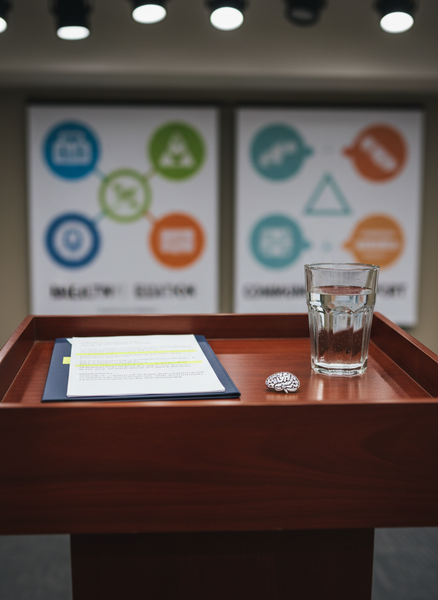 A polished mahogany podium stands alone in front of a blurred backdrop of advocacy posters, each featuring abstract icons for brain health, education, and community support. On the podium rests a slim, open folder with highlighted talking points, a glass of water catching subtle reflections, and a small metal lapel pin shaped like a stylized brain placed carefully beside the notes. Overhead, soft, even stage lighting casts minimal shadows, giving the scene a clear, purposeful atmosphere. Photographed from a slightly low angle to emphasize the podium’s importance, with the background gently out of focus, the image conveys confident, professional advocacy work in clean, photographic realism.