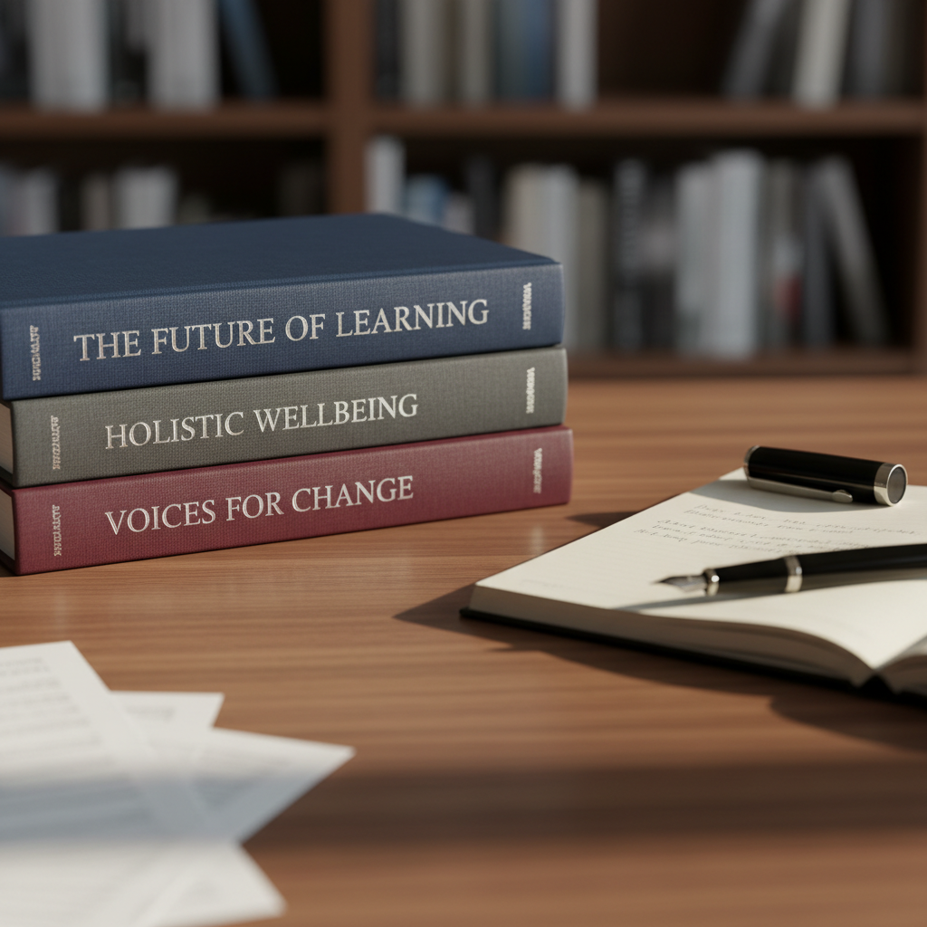 A neatly stacked pile of hardcover books with textured linen covers in deep navy, charcoal gray, and burgundy, each embossed with subtle silver titles about education, wellness, and advocacy, rests on a smooth walnut desk. Beside them lies an open notebook filled with crisp, cream pages and a fountain pen with a glossy black barrel. Soft afternoon light from an unseen window washes across the scene, creating gentle shadows and a calm, focused atmosphere. Shot at eye level with a shallow depth of field, the foreground titles are sharp while the background shelves of blurred books fade softly, evoking a professional, literary portfolio in clean photographic realism.